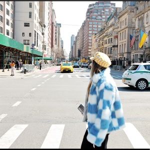 Checkered Faux Fur Coat